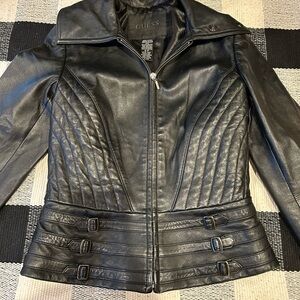 Guess Black Leather Jacket with Buckle Accents
